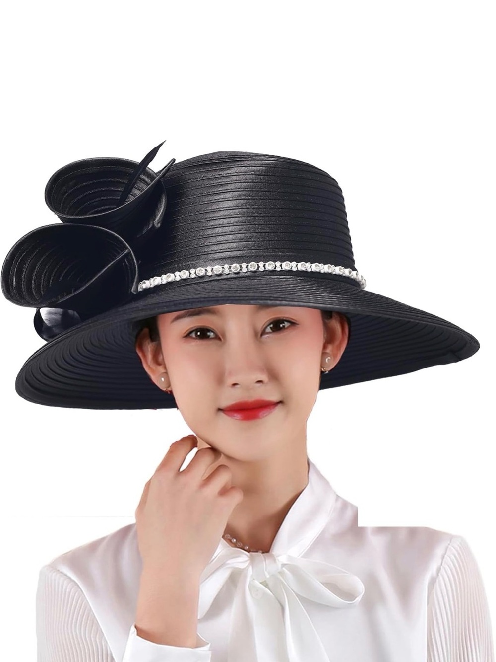 Elegant Black Wide-Brim Floral Accent Women's Hat